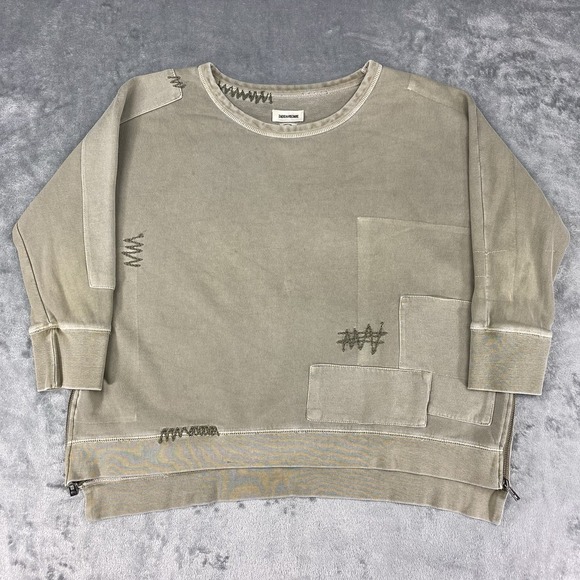 Zadig Voltaire Sweatshirt Womens Sz M Green Athina Patchwork Overdyed Zip‎ Boxy - Picture 1 of 16